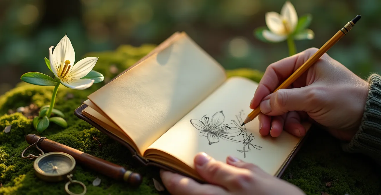 Hands sketching Western Trillium flowers in a nature journal with BC forest background