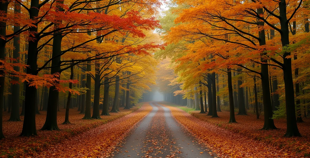 Minimalist wide-angle view of winding forest trail through Ontario fall foliage