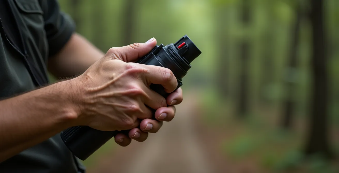 Person demonstrating proper kneeling bear spray deployment position