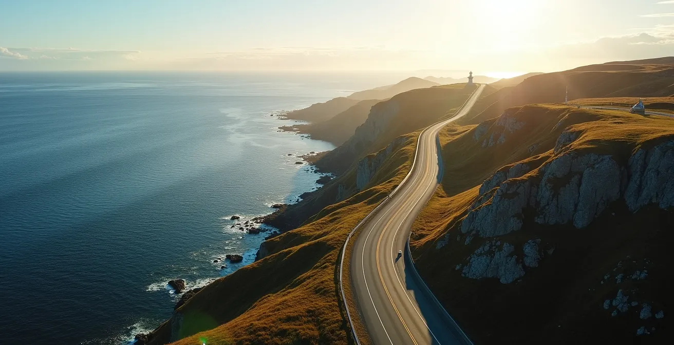 Aerial perspective of Cabot Trail coastline with lighthouse locations marked
