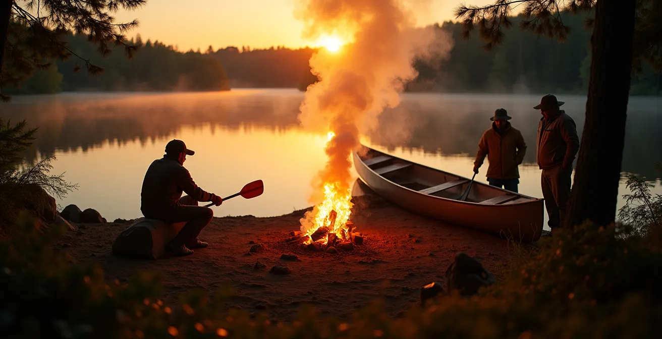 Evening campfire smoke drifting through Algonquin campsite with canoe in background