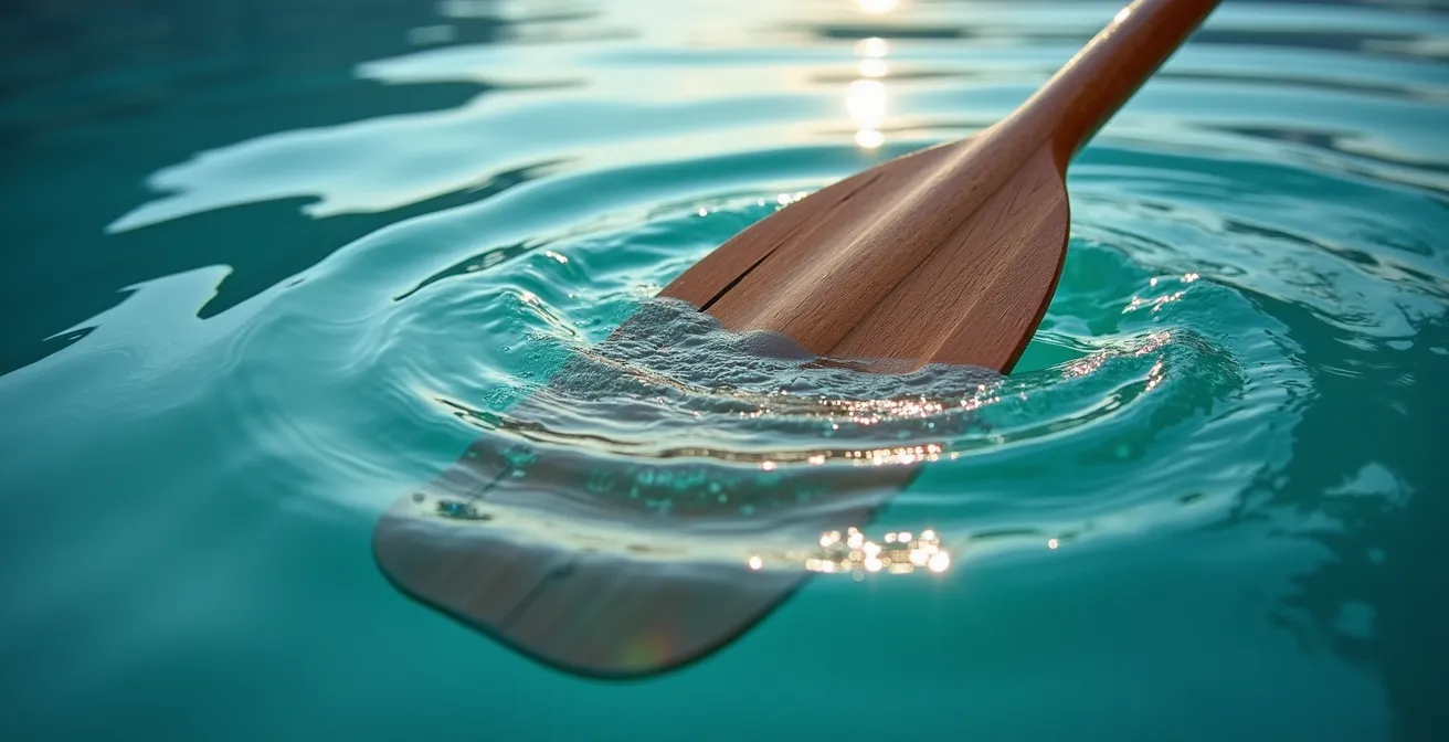 Close-up detail of canoe paddle creating ripples in the turquoise glacial waters