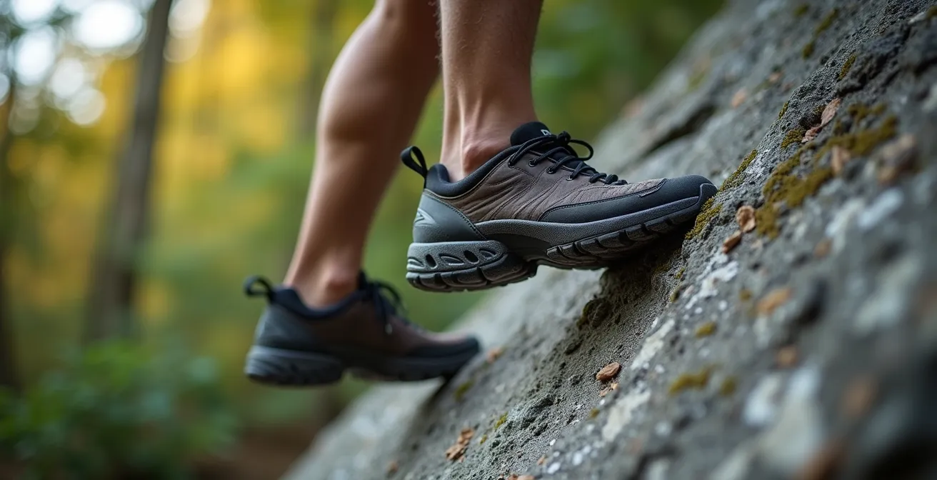 Climbing shoes on limestone boulder with Canadian forest in background