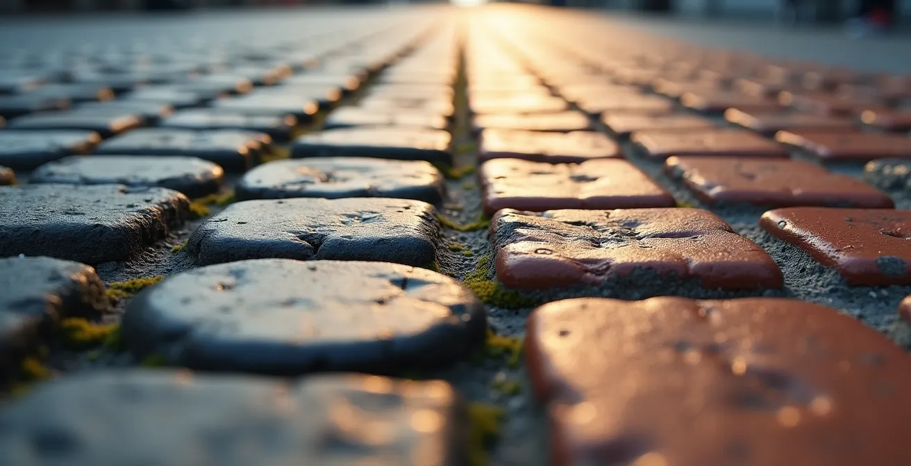 Macro shot comparing Old Montreal's uneven historic cobblestones with Toronto Distillery District's uniform brick pavers