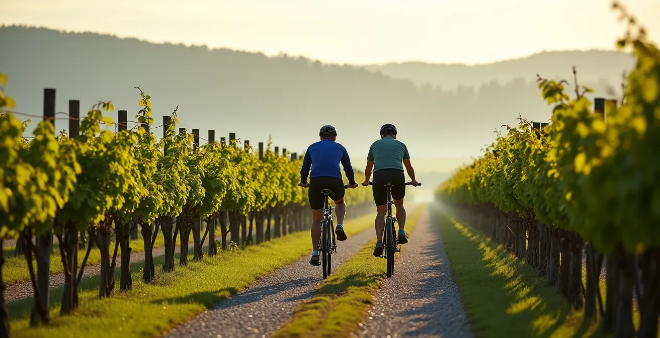 Couple riding e-bikes through Niagara vineyard rows