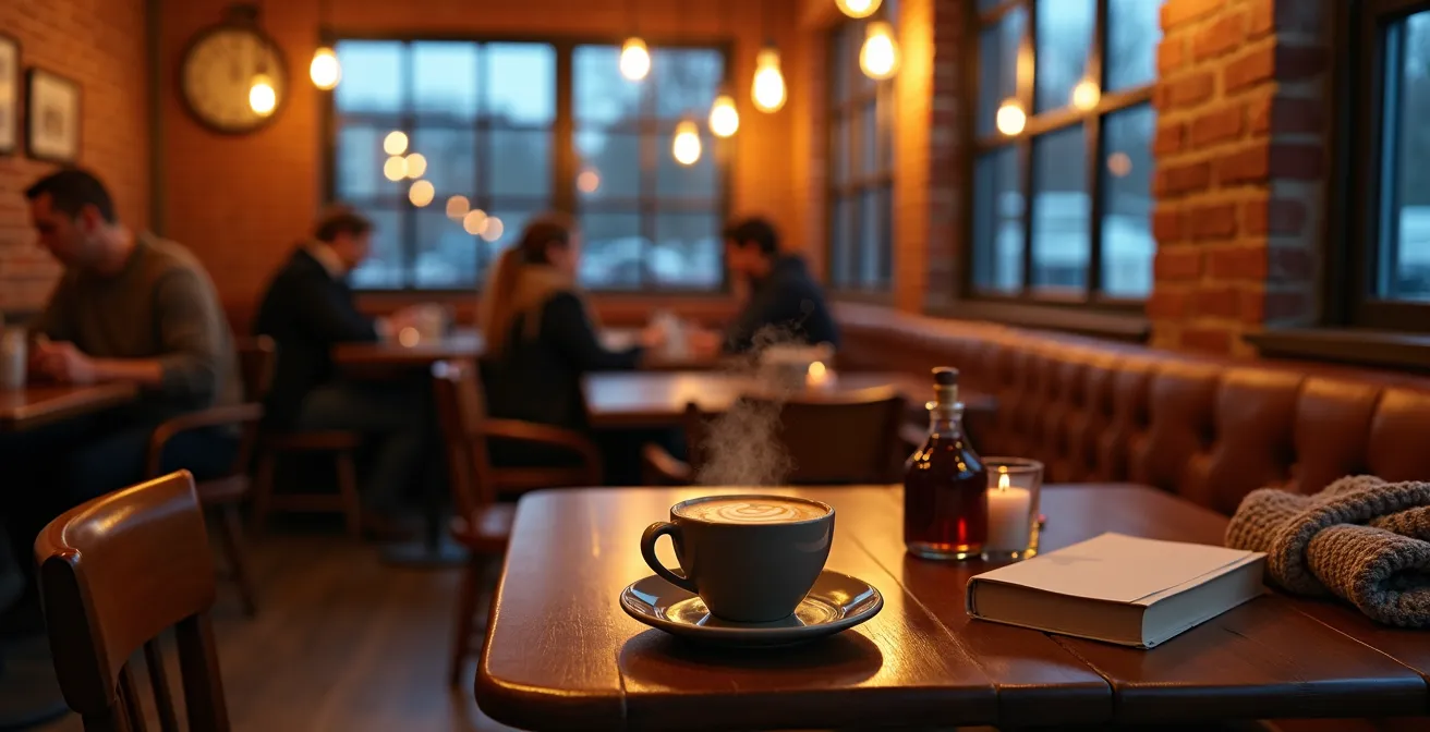 Warm inviting Canadian cafe interior with soft lighting and winter hygge atmosphere