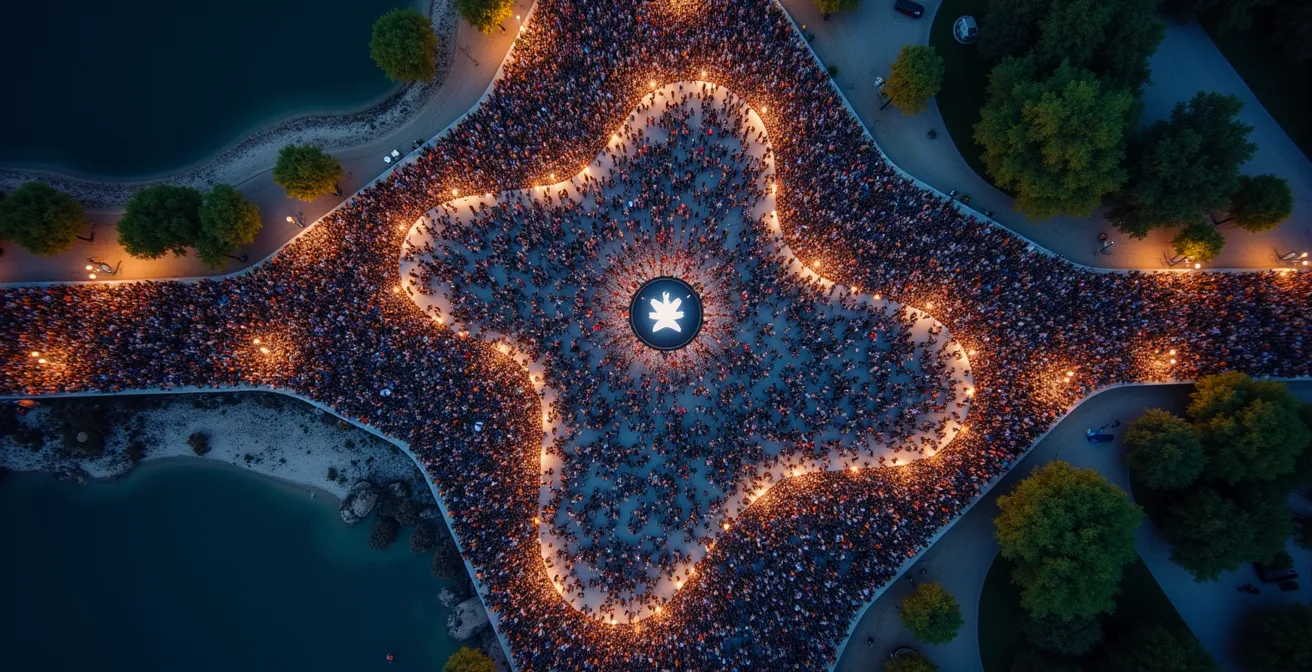 Overhead view of Place des Festivals showing strategic crowd navigation paths and viewing spots