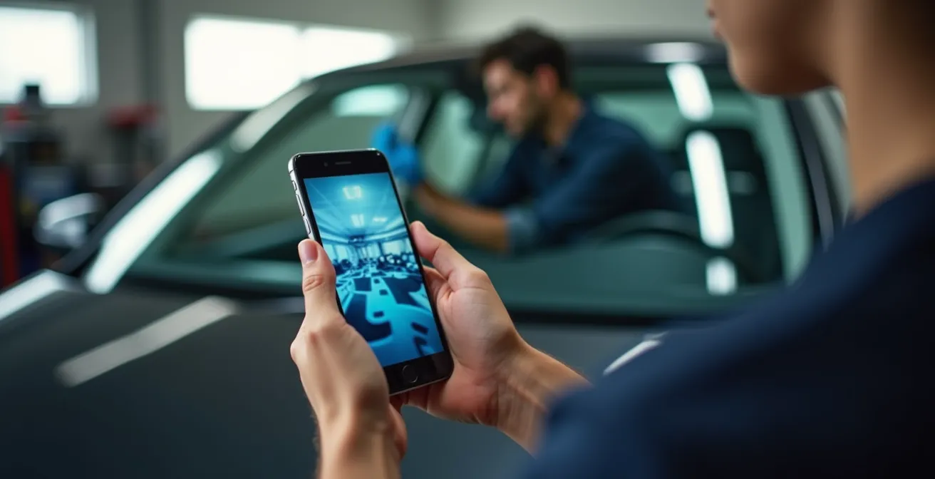 Close-up of hands holding a smartphone showing a photo backup of a Discovery Pass next to a new windshield installation