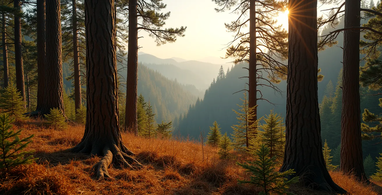 Wide environmental view of coastal forest showing contrast between healthy and stressed cedars