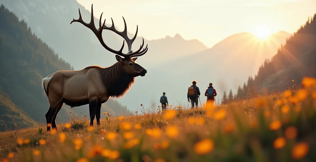 Bull elk in mountain meadow with hikers maintaining safe distance in background