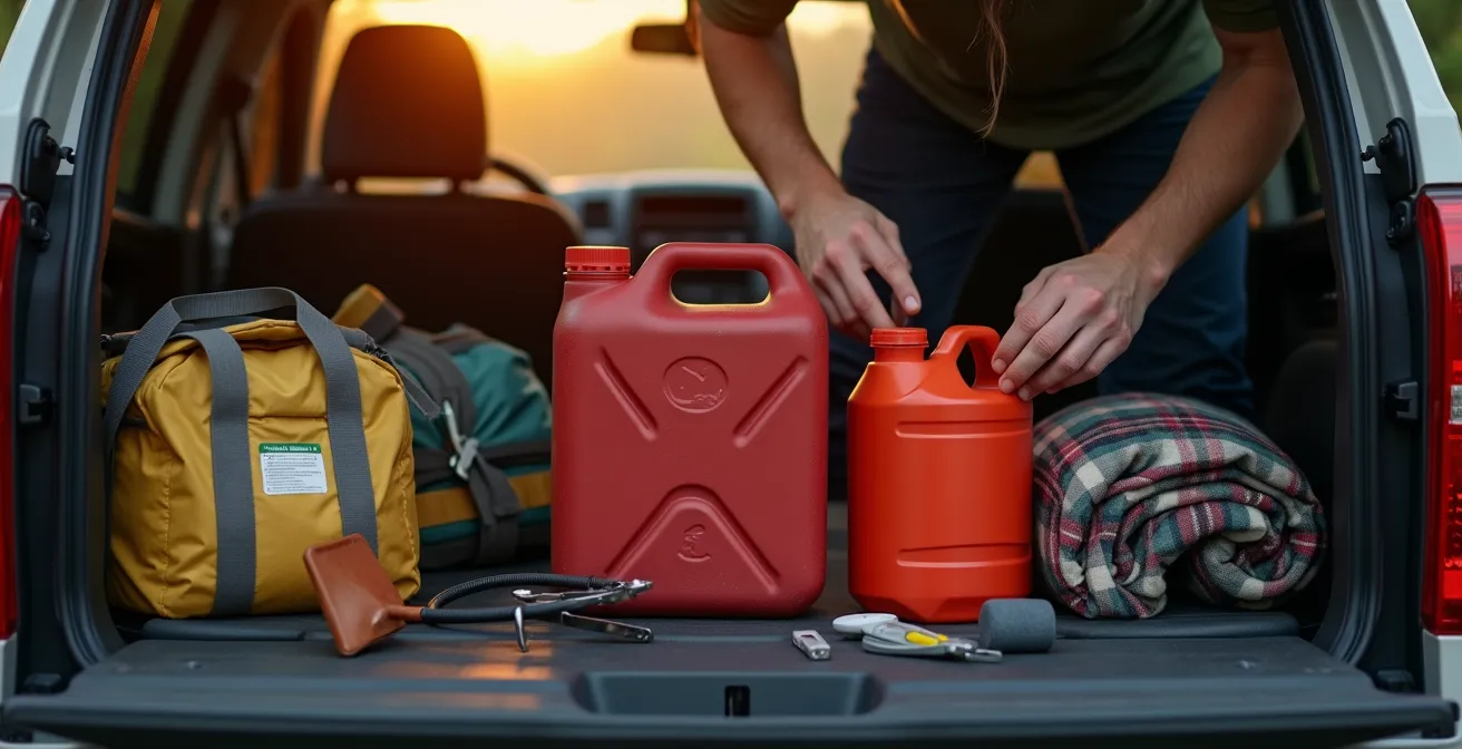Open vehicle trunk showing organized emergency supplies for remote driving, including a jerry can, tools, and blankets.