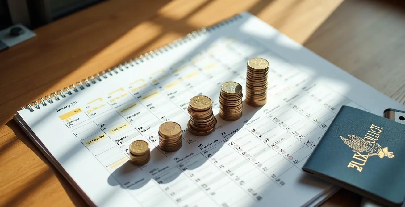 Family reviewing travel calendar and flight prices on laptop for budget planning
