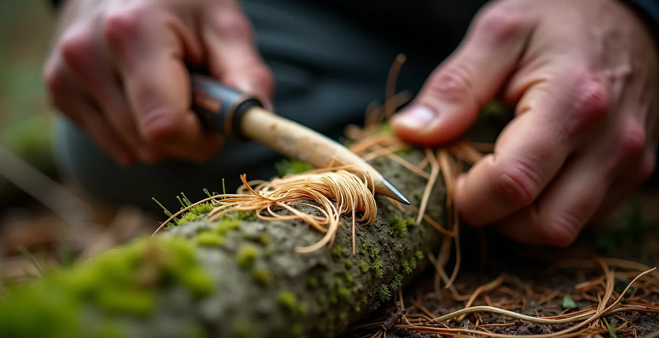 Close-up of hands carving a feather stick from a spruce branch with a ferro rod nearby