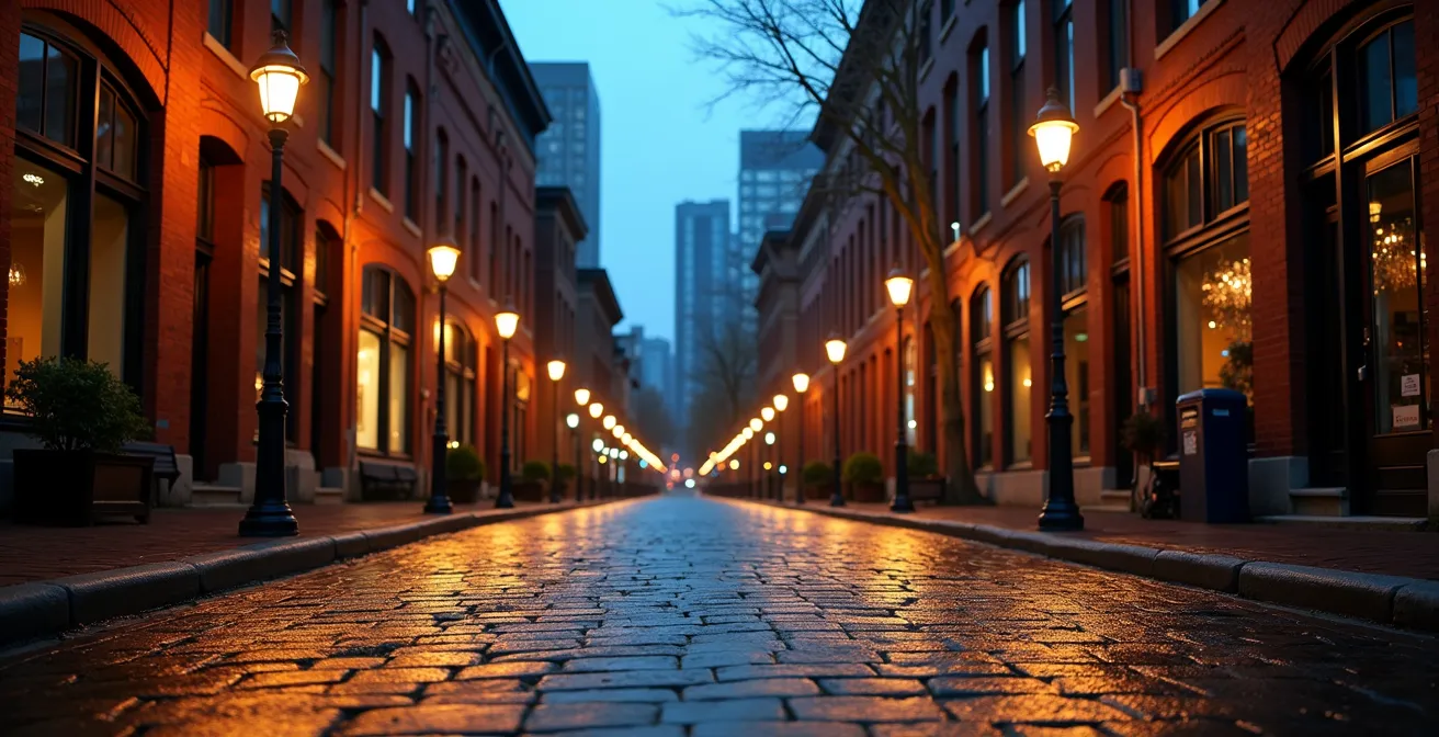Wide angle view of Gastown's historic brick streets at dusk with warm street lighting