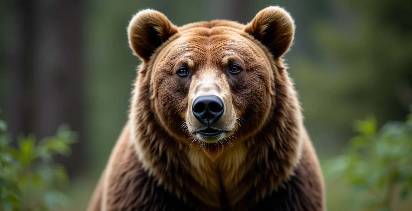 Close-up of grizzly bear showing defensive ear positioning and body language