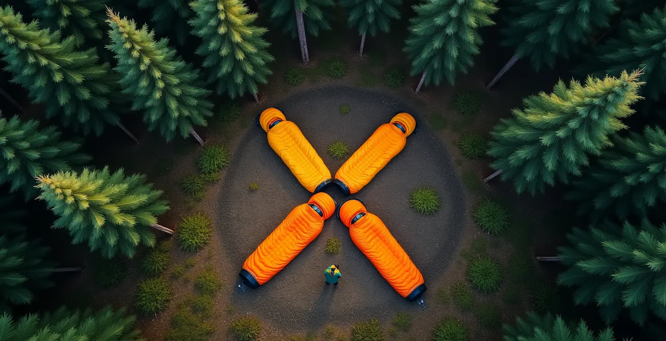 Aerial view of rescue signals made with bright gear arranged in an open forest clearing