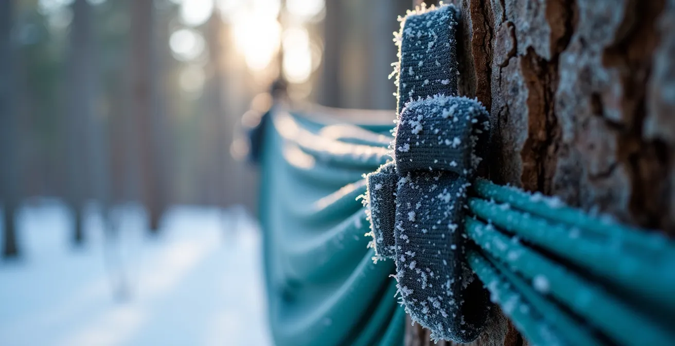 Winter hammock suspended between snow-covered pine trees with underquilt visible