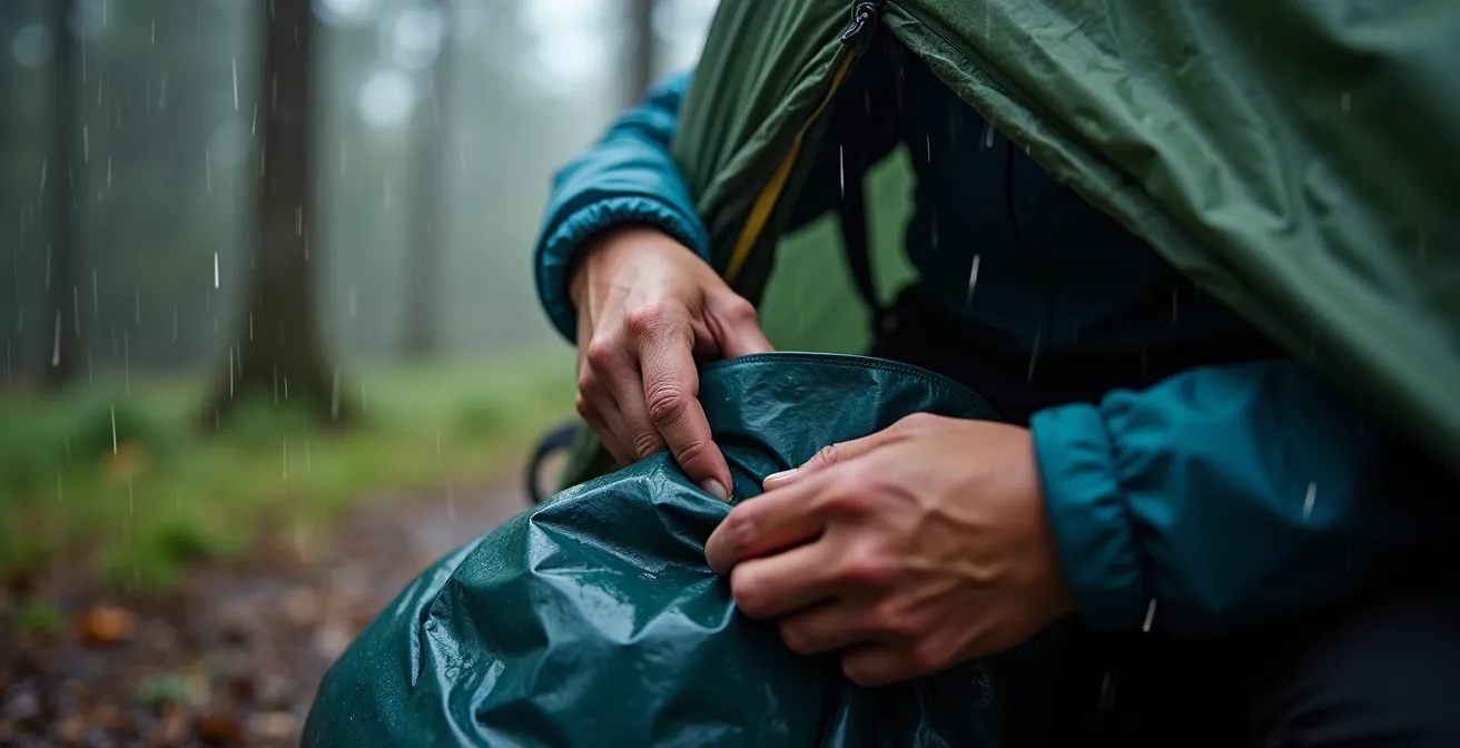 Hiker quickly changing into dry layers under emergency tarp shelter during coastal storm