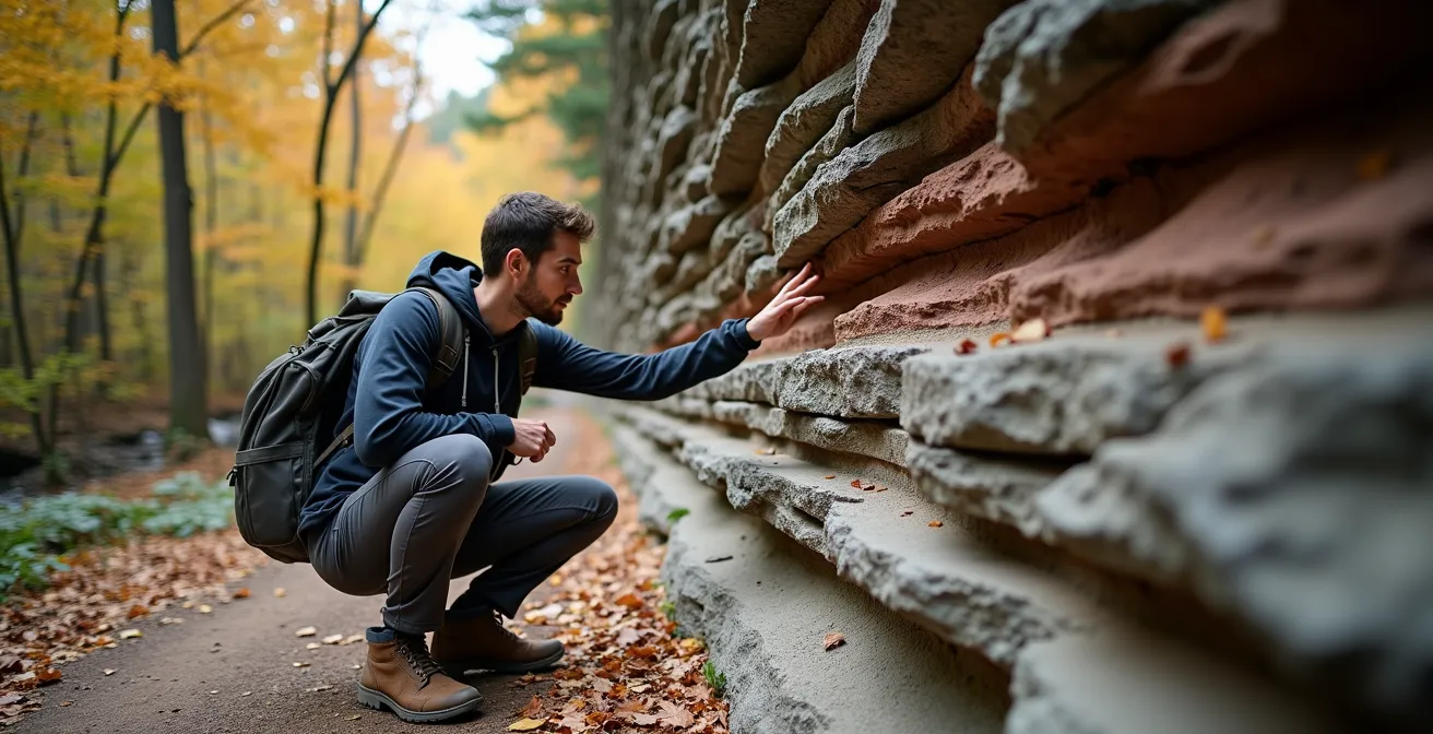 Hiker studying exposed rock layers in Niagara Glen with natural lighting highlighting geological strata