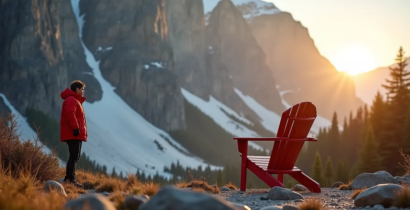 Lone hiker with red jacket against massive Rocky Mountain backdrop showing dramatic scale