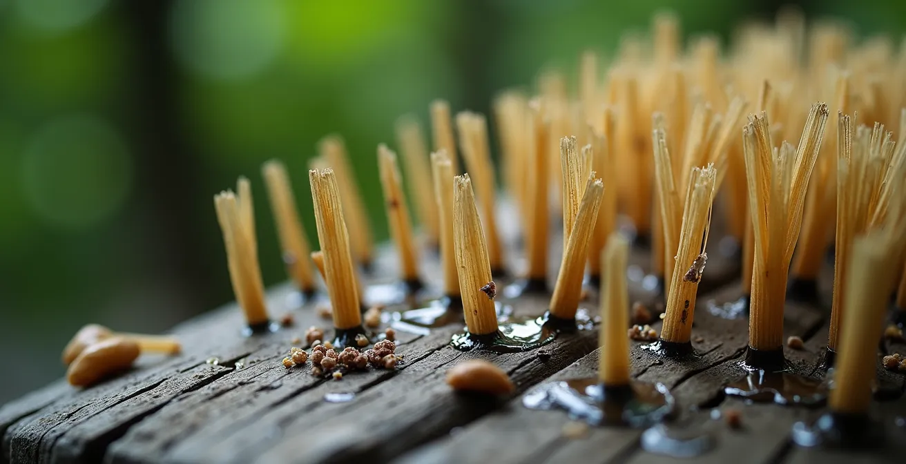 Close-up macro view of boot cleaning brush station with water droplets and soil particles