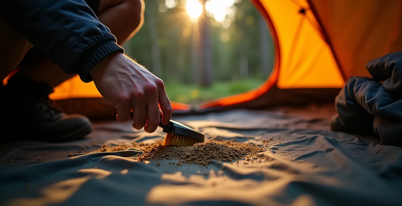 Camper carefully cleaning micro-crumbs from tent area in Canadian wilderness