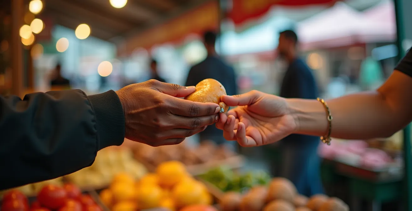 Close-up of hands exchanging food at a busy Kensington Market food stall