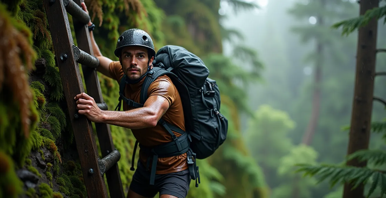 Hiker ascending a steep wooden ladder system with a heavy backpack in a coastal rainforest setting on the West Coast Trail.