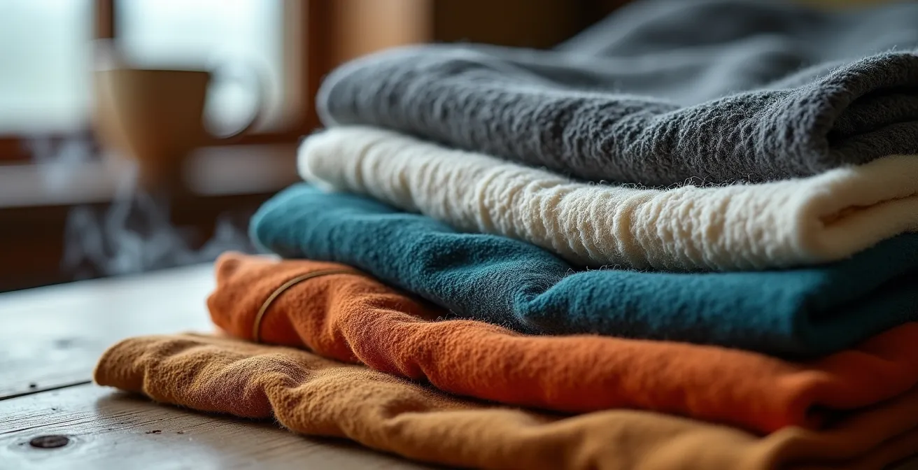 Close-up macro shot of layered winter clothing showing merino wool and technical fabric textures