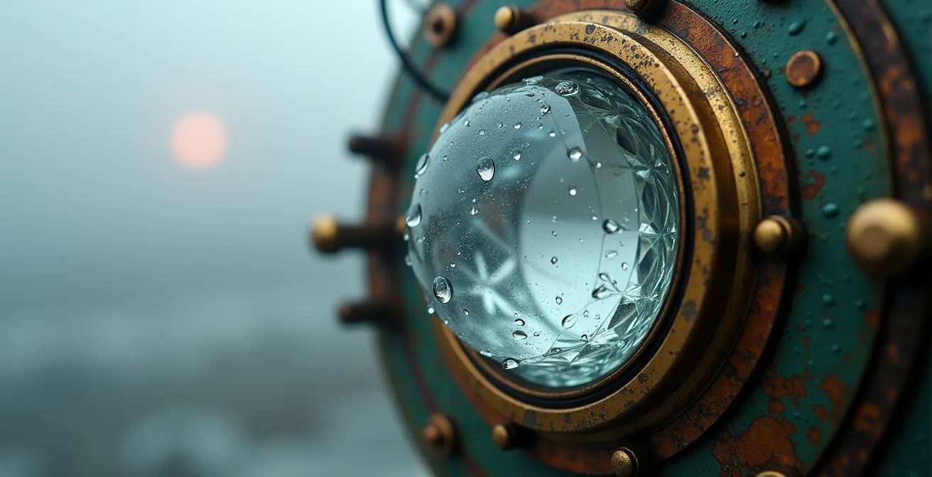 Extreme close-up of lighthouse lens details with morning fog droplets