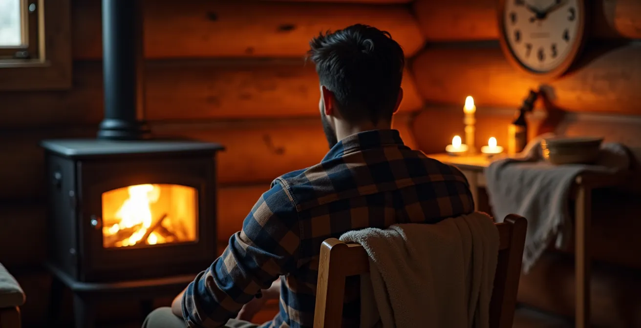 Interior of cozy log cabin with glowing wood stove on autumn evening
