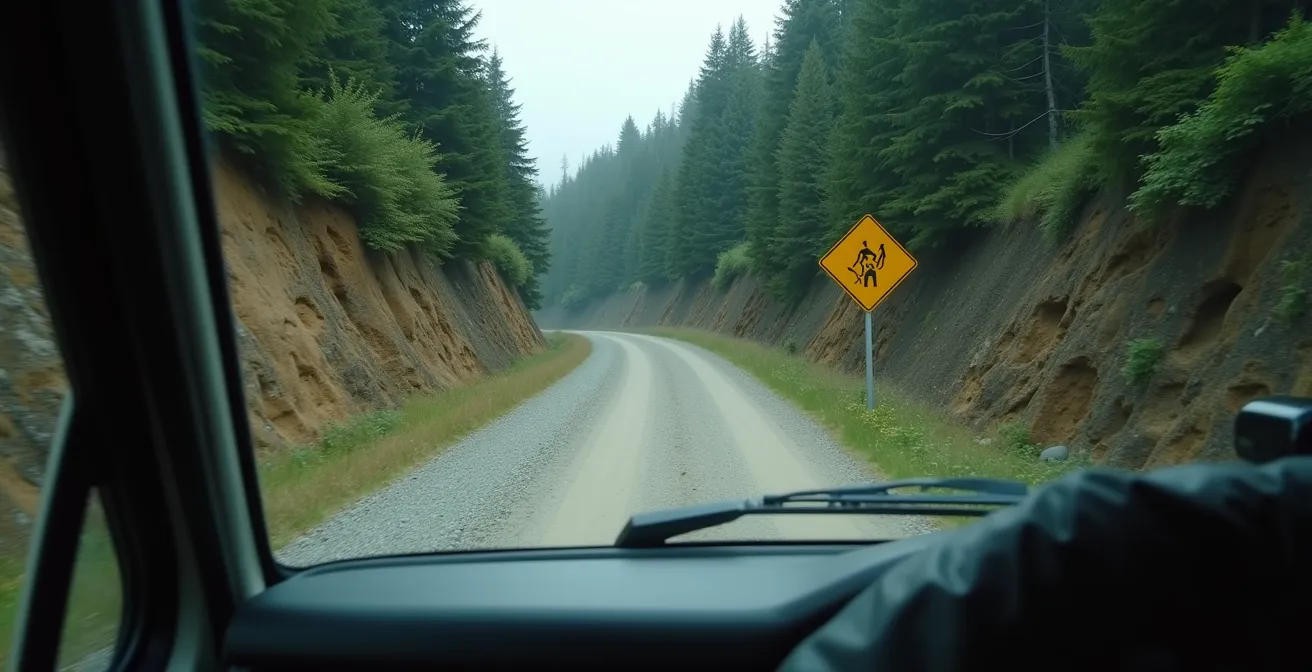 Vehicle on narrow gravel logging road surrounded by coastal forest