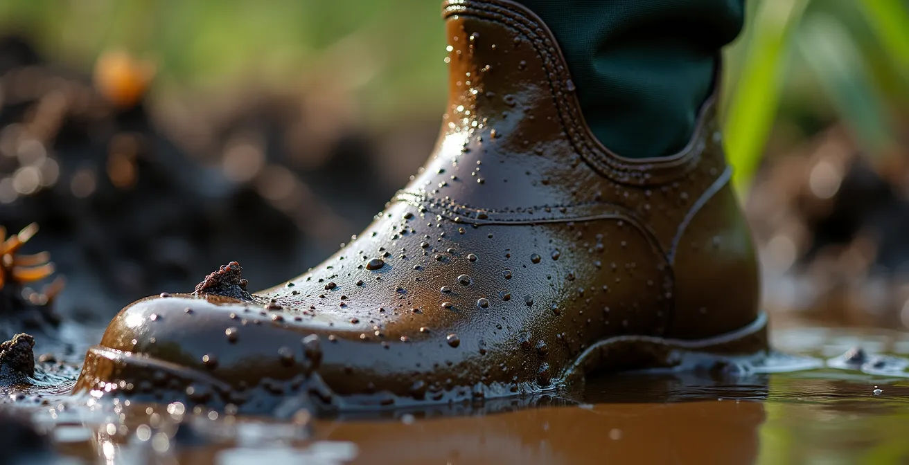 Close-up of rubber boot being pulled from thick Canadian Shield mud