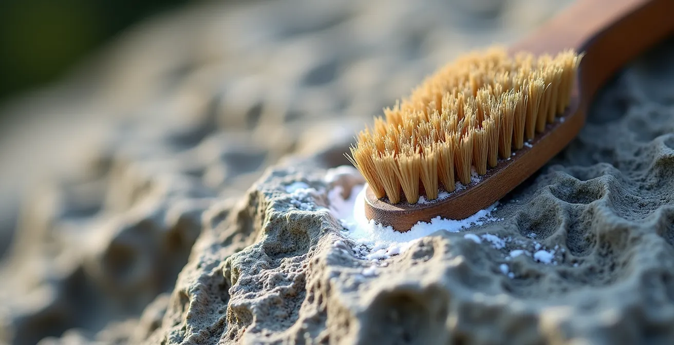 Close-up of weathered limestone surface showing chalk residue and cleaning brush
