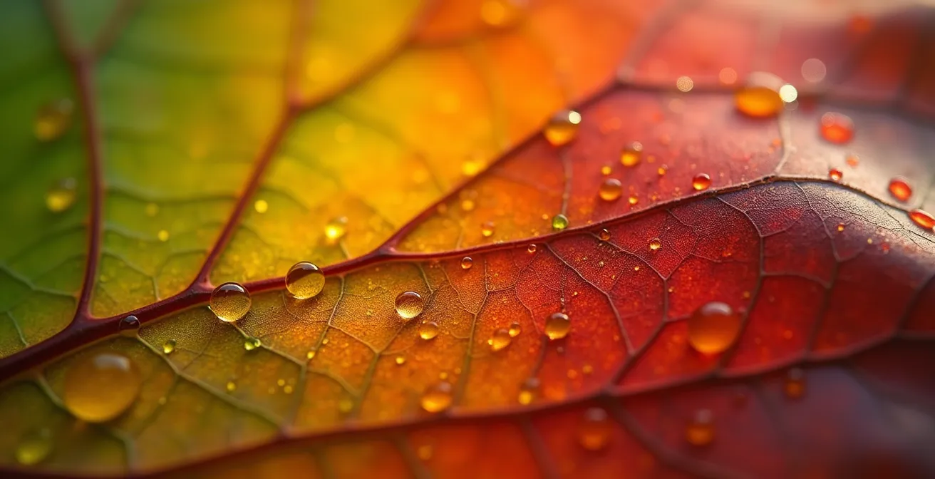 Extreme close-up of Ontario sugar maple leaf showing anthocyanin pigmentation and vein structure