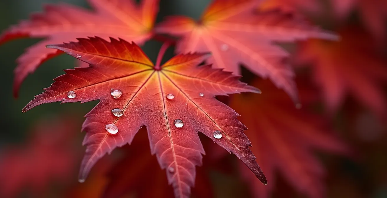Extreme close-up of vibrant red maple leaves with water droplets under soft overcast light