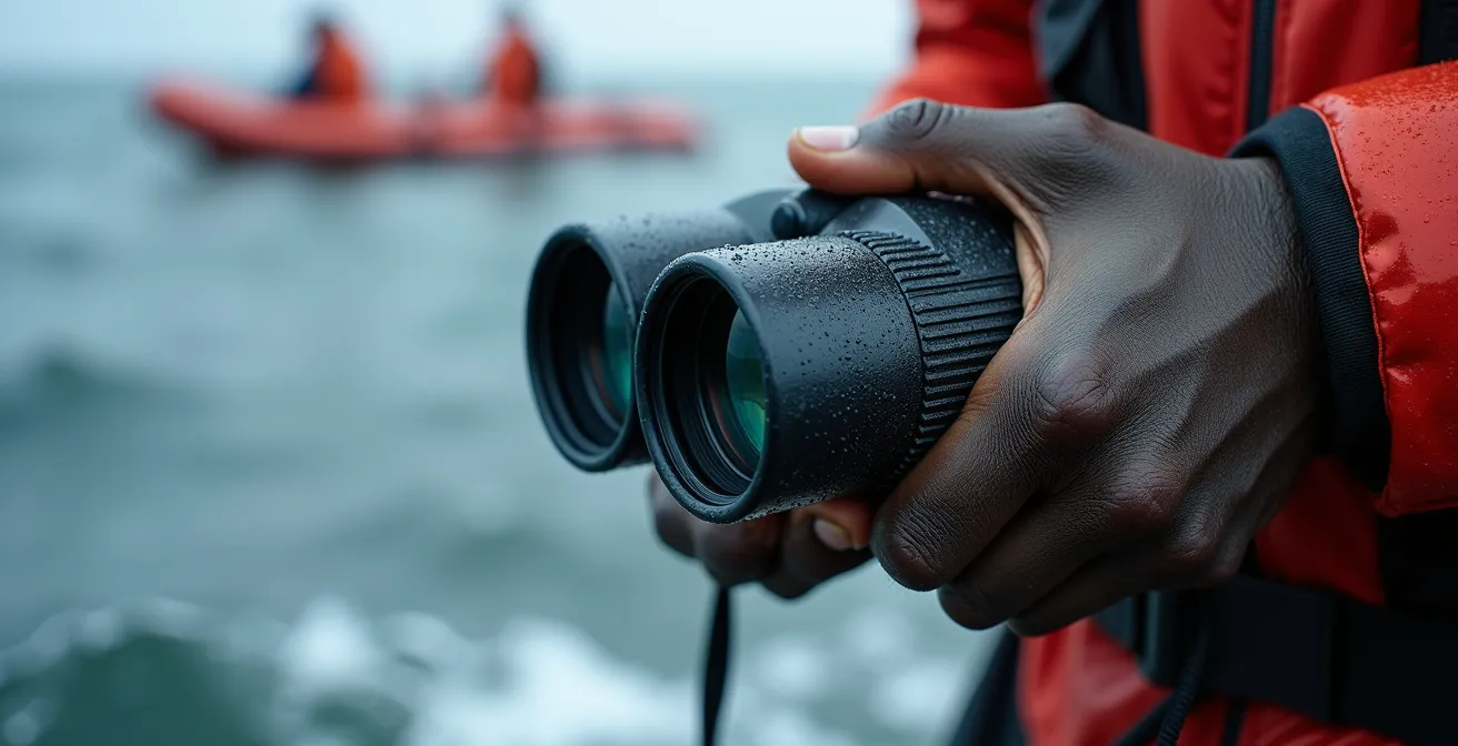 Close-up of weathered hands holding professional 7x50 marine binoculars on a moving zodiac boat with spray and horizon visible