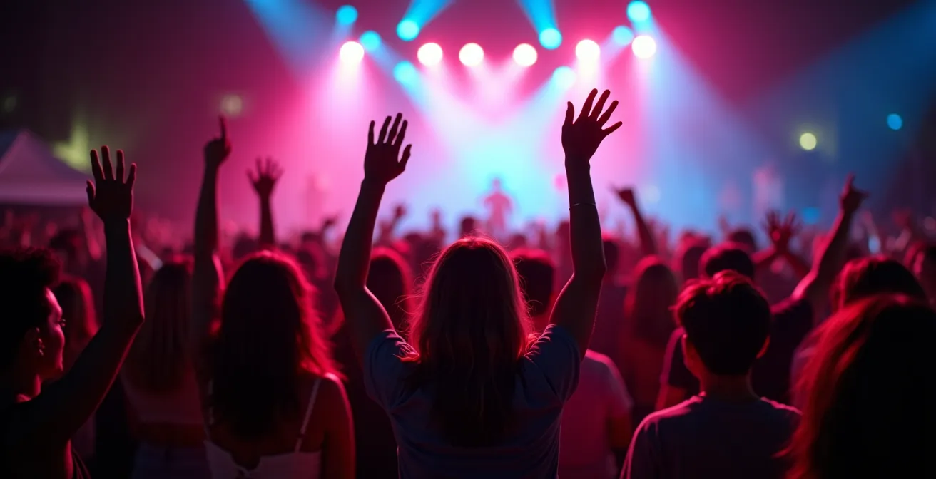Massive crowd celebrating at the Montreal Jazz Festival grand finale with fireworks and stage lights