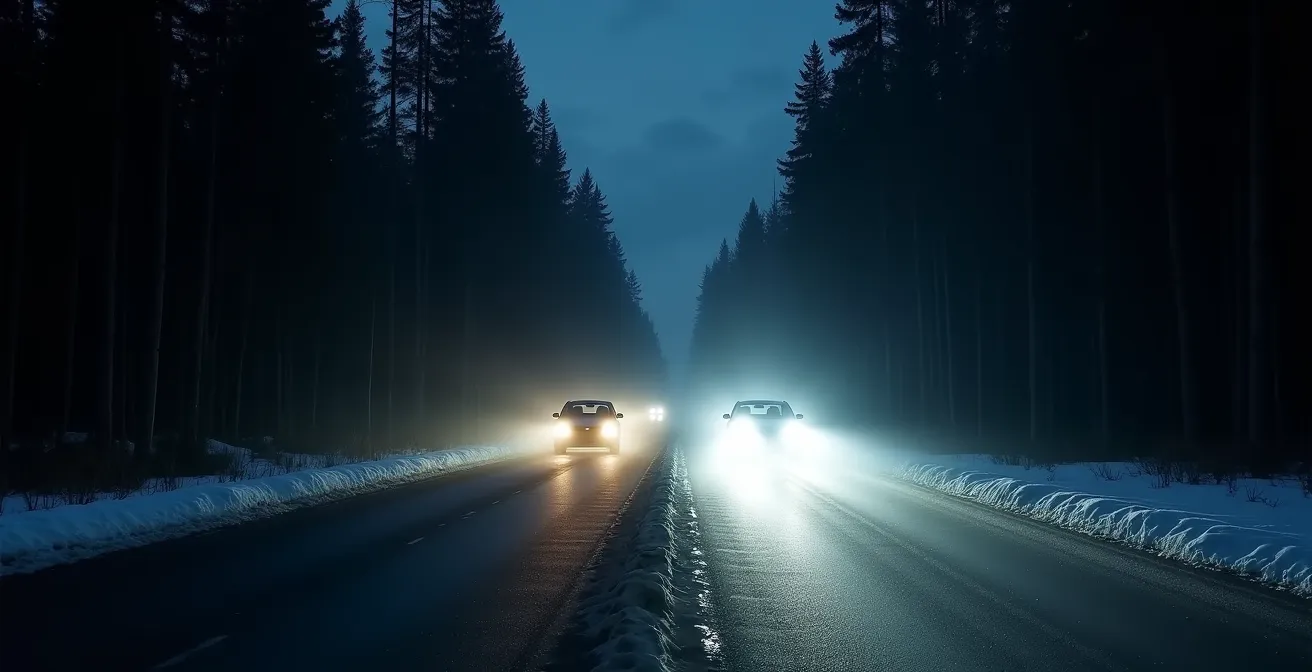 Split view comparing high beam and fog light illumination patterns on a dark highway