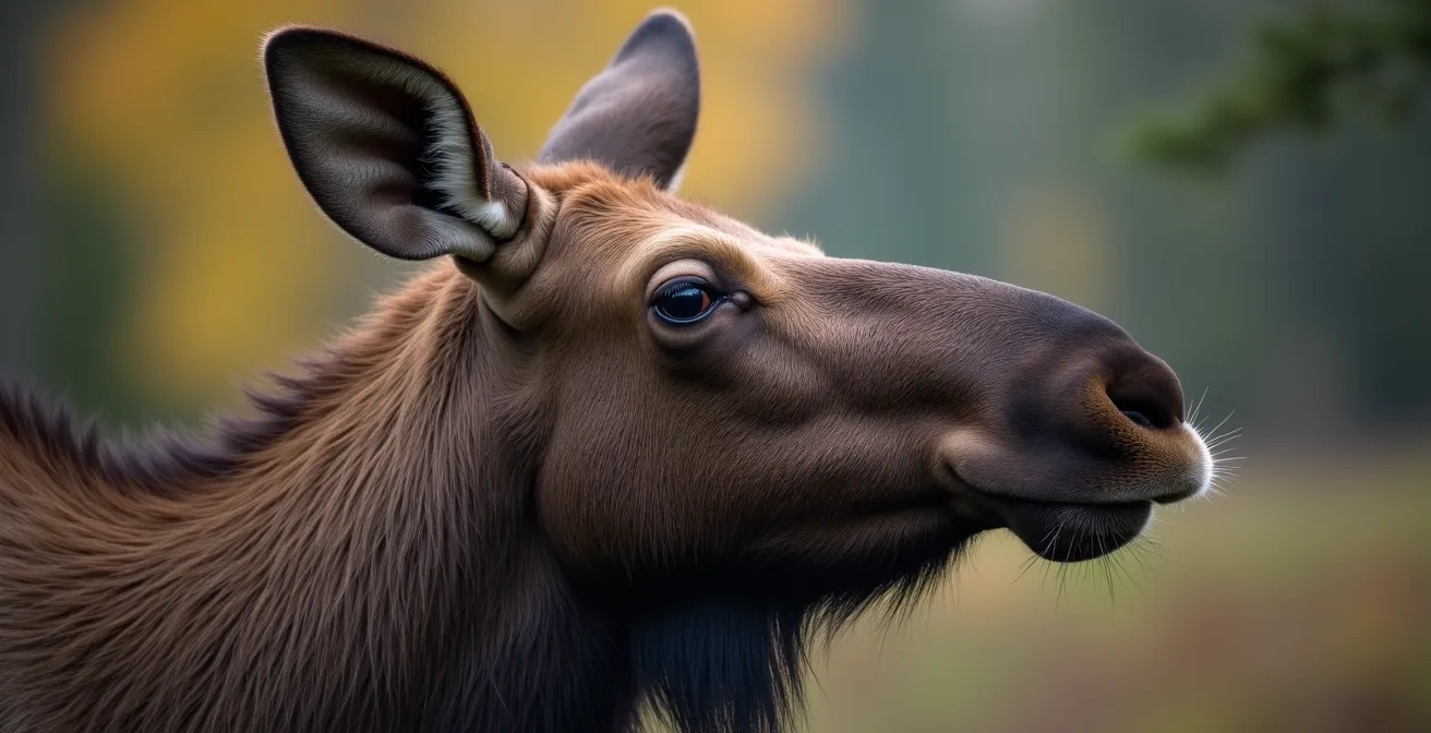 Close-up detail of moose showing stress indicators like pinned ears and raised hackles