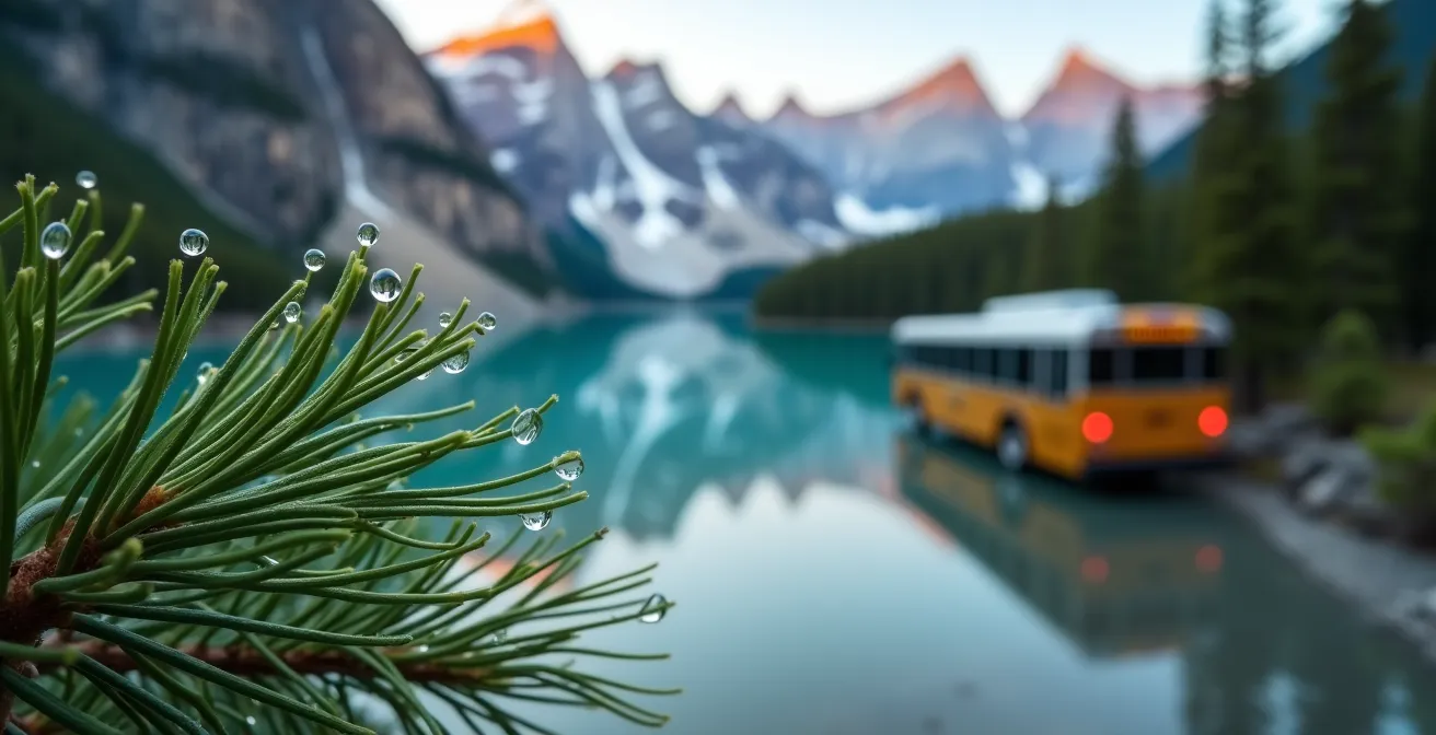 Early morning shuttle bus arrival at Moraine Lake with mountain reflections