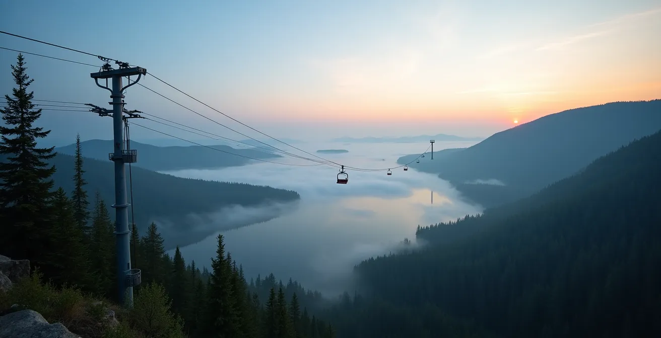 Wide landscape view of an Ontario adventure facility during calm morning conditions with minimal wind indicators