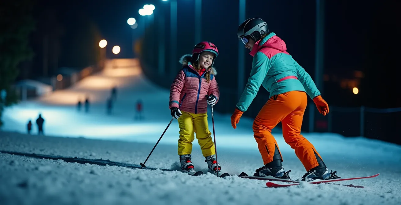 Evening ski slopes with illuminated trails and family skiers