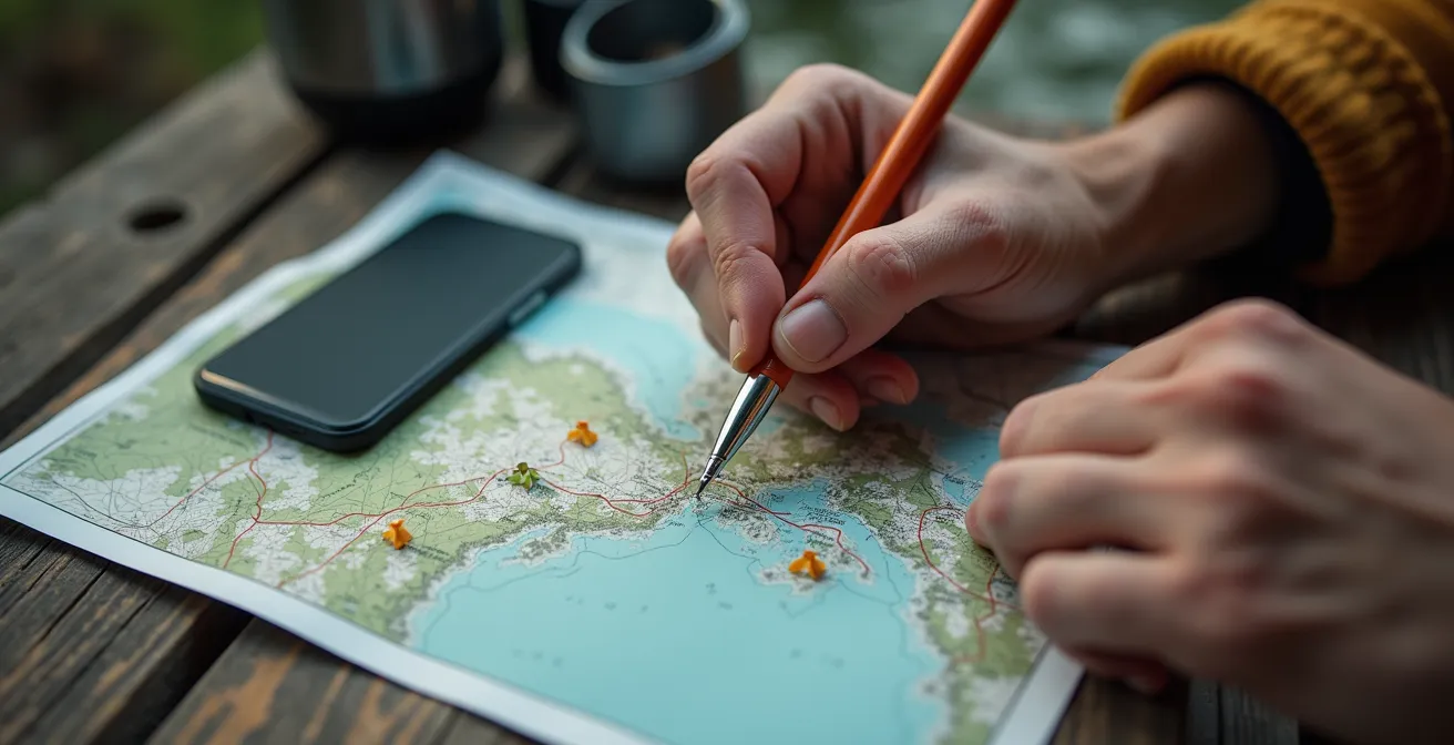 Hands marking fuel stops on a paper map with a smartphone showing an offline map area being downloaded.