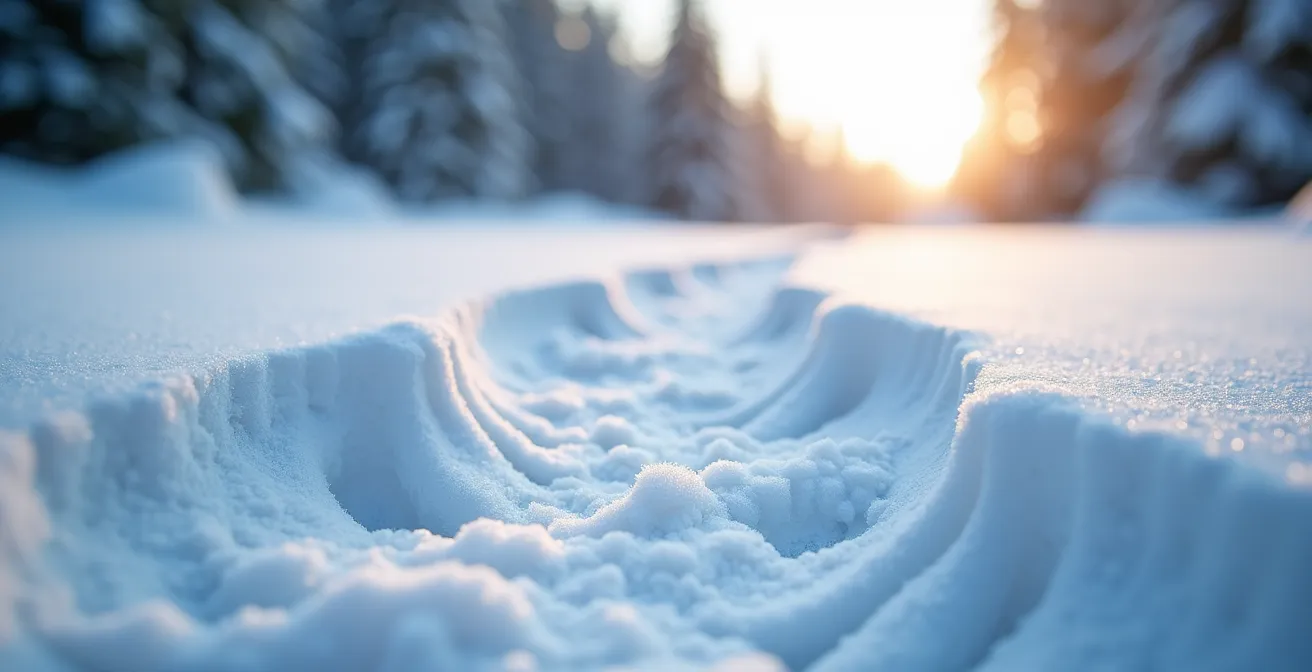 Snowshoe tracks on pristine trail through snow-covered pines at sunrise