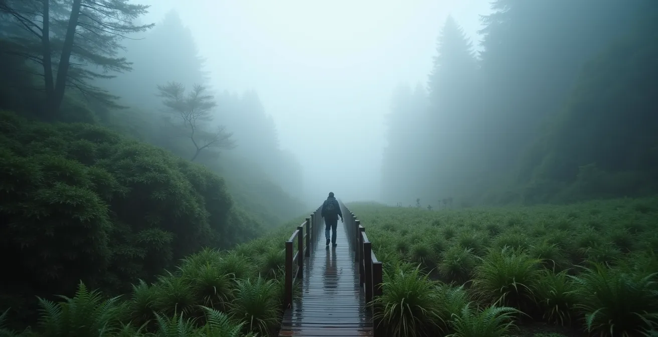 Misty coastal rainforest trail showing humidity effects on hikers