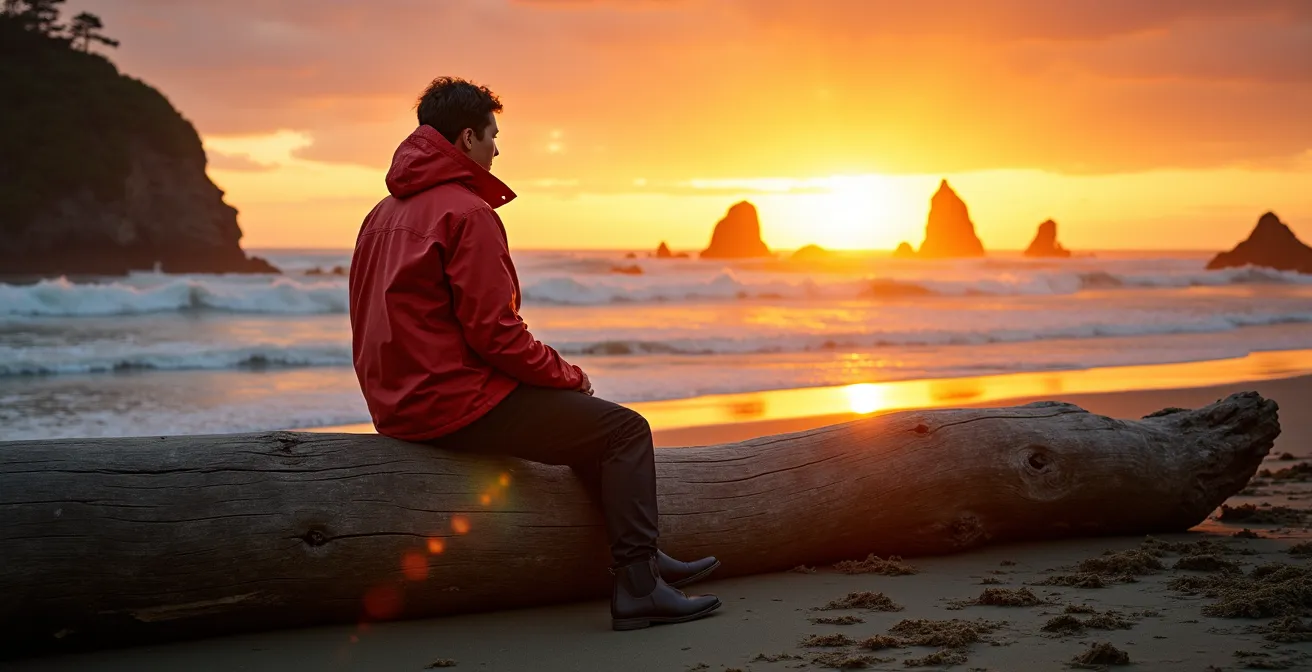 Person sitting on driftwood watching sunset over Pacific Ocean from Tofino beach