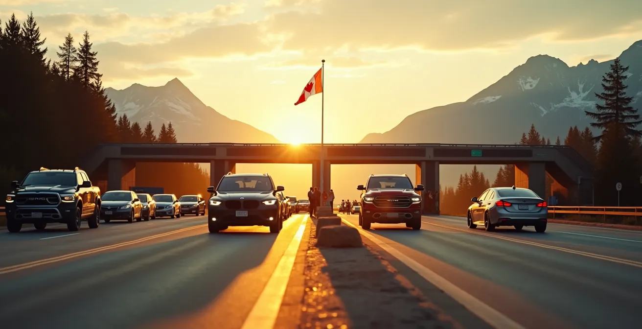 Split view showing a congested regular lane versus an empty express lane at a Canadian national park entrance gate during peak season