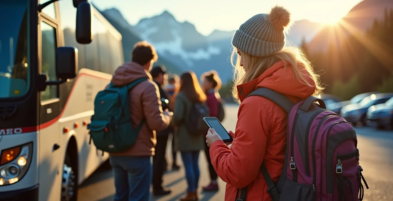 Visitors boarding a Parks Canada shuttle bus at Lake Louise Park and Ride with mountain backdrop