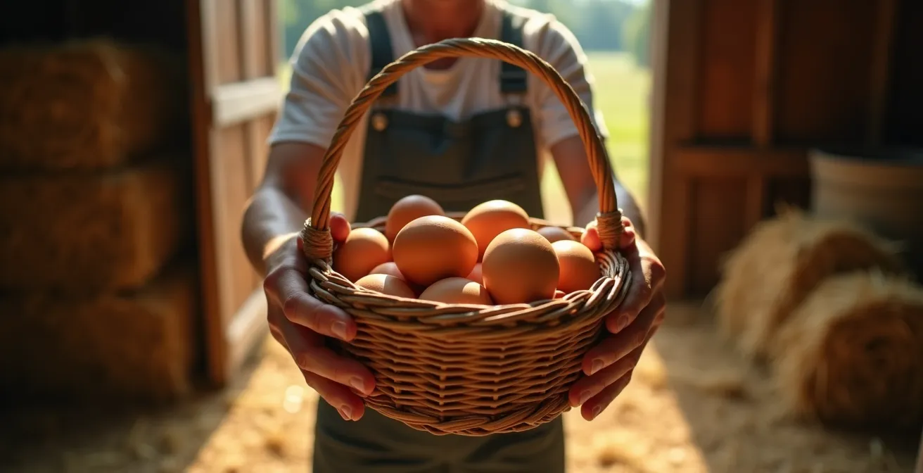 Person collecting fresh eggs in basket at sunrise on Manitoba farm